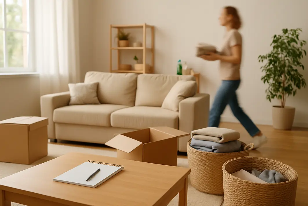 sala estar ampla organizada limpeza verao Sala de estar ampla e organizada com caixas de armazenamento abertas, planta verde no canto e luz natural entrando pelas janelas