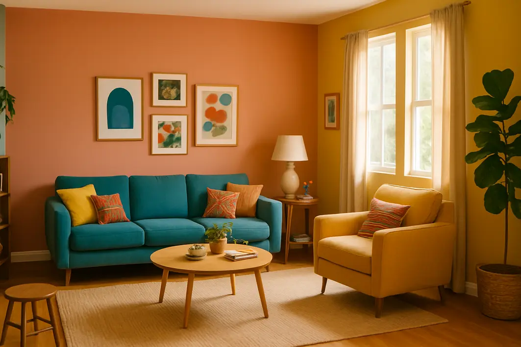 sala estar cores vibrantes afetiva Sala de estar ampla organizada com paredes e móveis em cores vibrantes harmoniosas e objetos decorativos pessoais.