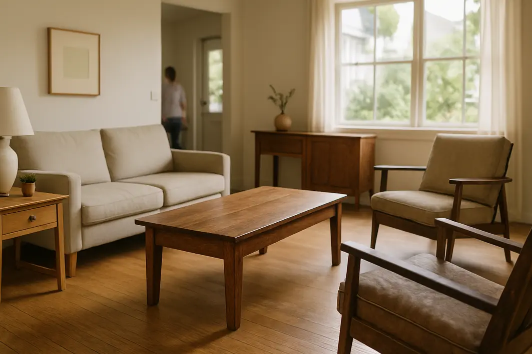 sala estar madeira clara escura desgaste Sala de estar ampla com móveis em madeira clara e escura exibindo desgaste natural