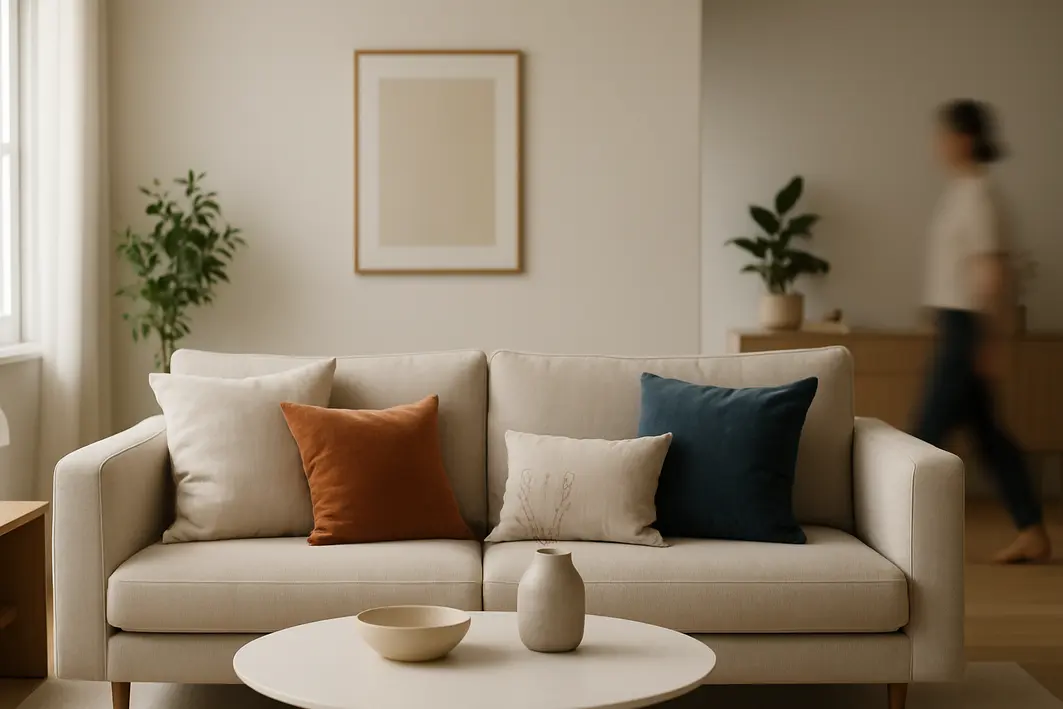 sala estar moderna almofadas quadros Sala de estar moderna organizada com sofá e almofadas variadas em linho algodao e veludo tons neutros detalhes minimalistas plantas ao fundo