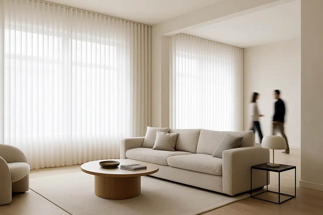 sala estar moderna cortina wave branca Sala de estar ampla com parede clara e cortinas wave brancas do chão ao teto em janelas largas