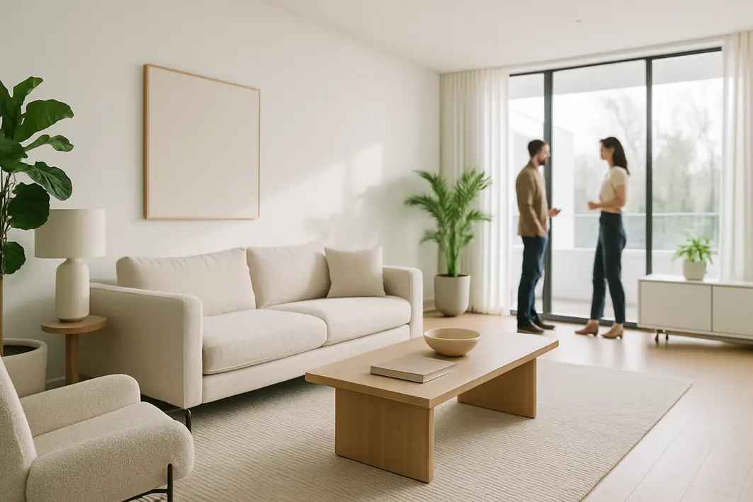 sala estar moderna decoracao minimalista Sala de estar ampla e iluminada com decoração moderna minimalista, móveis neutros, plantas em vasos elegantes e pessoas desfocadas ao fundo