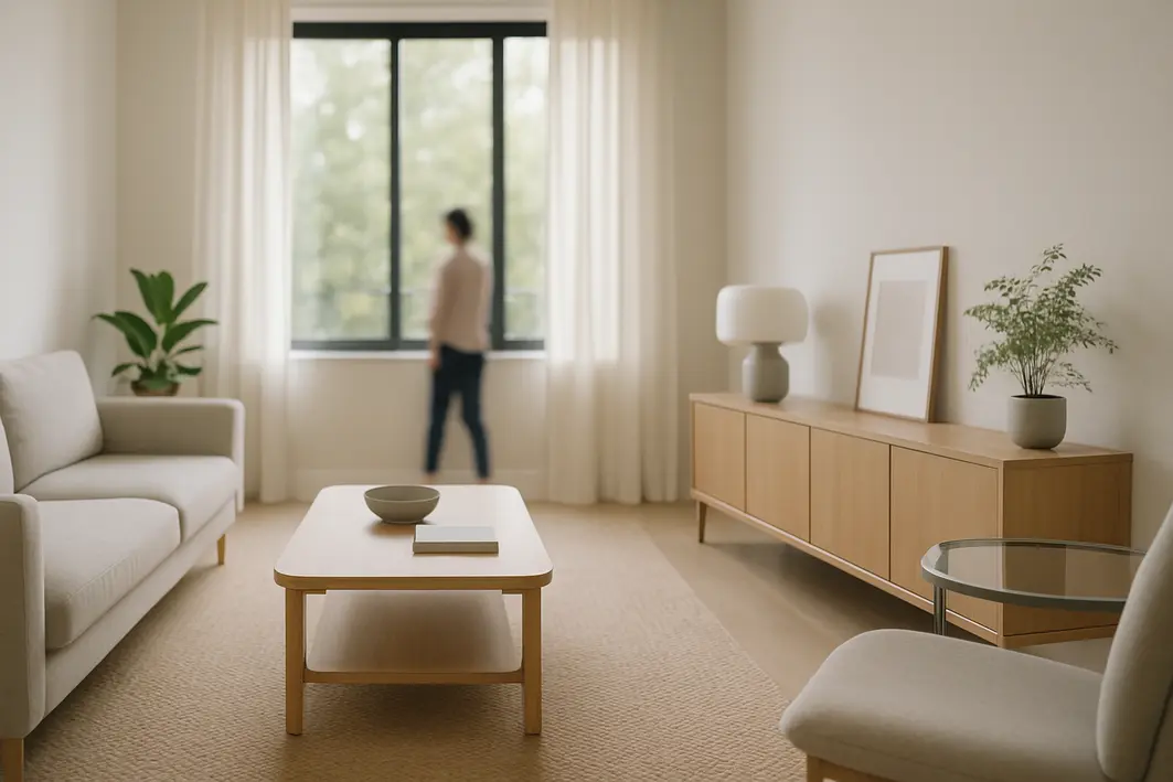 sala estar moderna materiais poeira Sala de estar moderna com móveis em madeira clara, vidro e metal fosco, cortinas leves semiabertas e tapete de fibras naturais