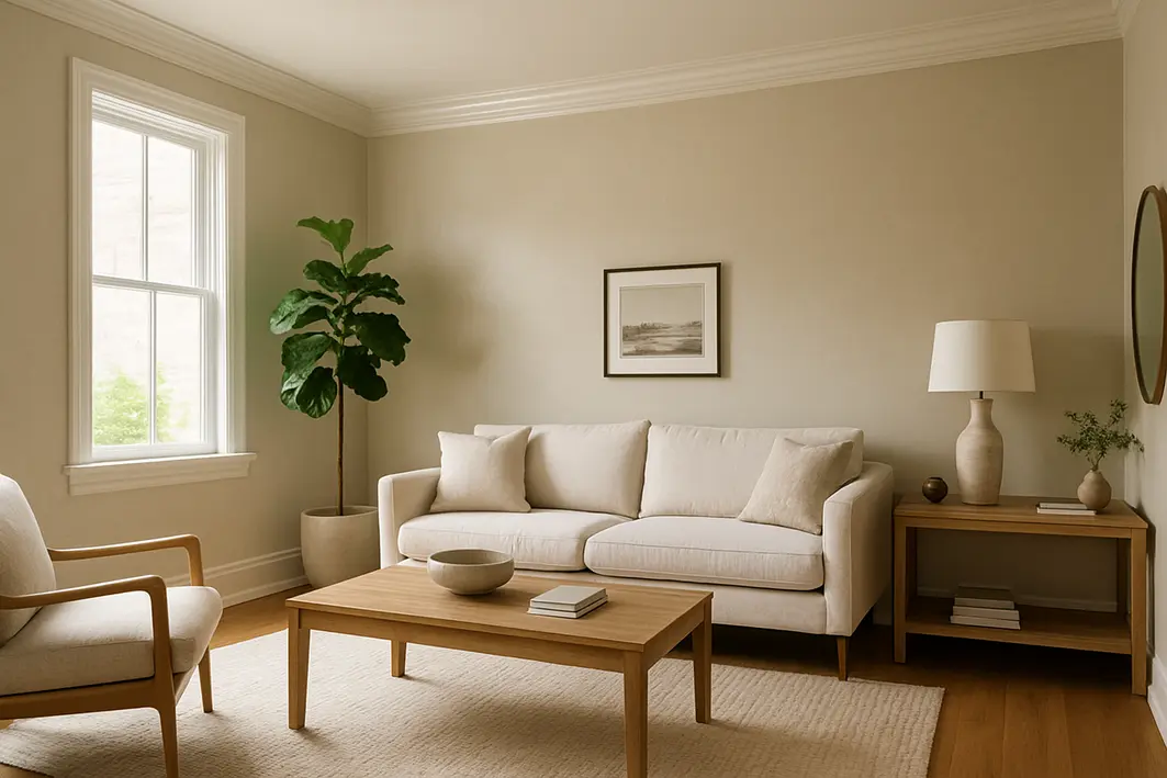 sala estar pintura texturas acrilicas Sala de estar ampla com paredes em tinta acrílica semi-brilho e detalhes de texturas, móveis modernos e plantas naturais