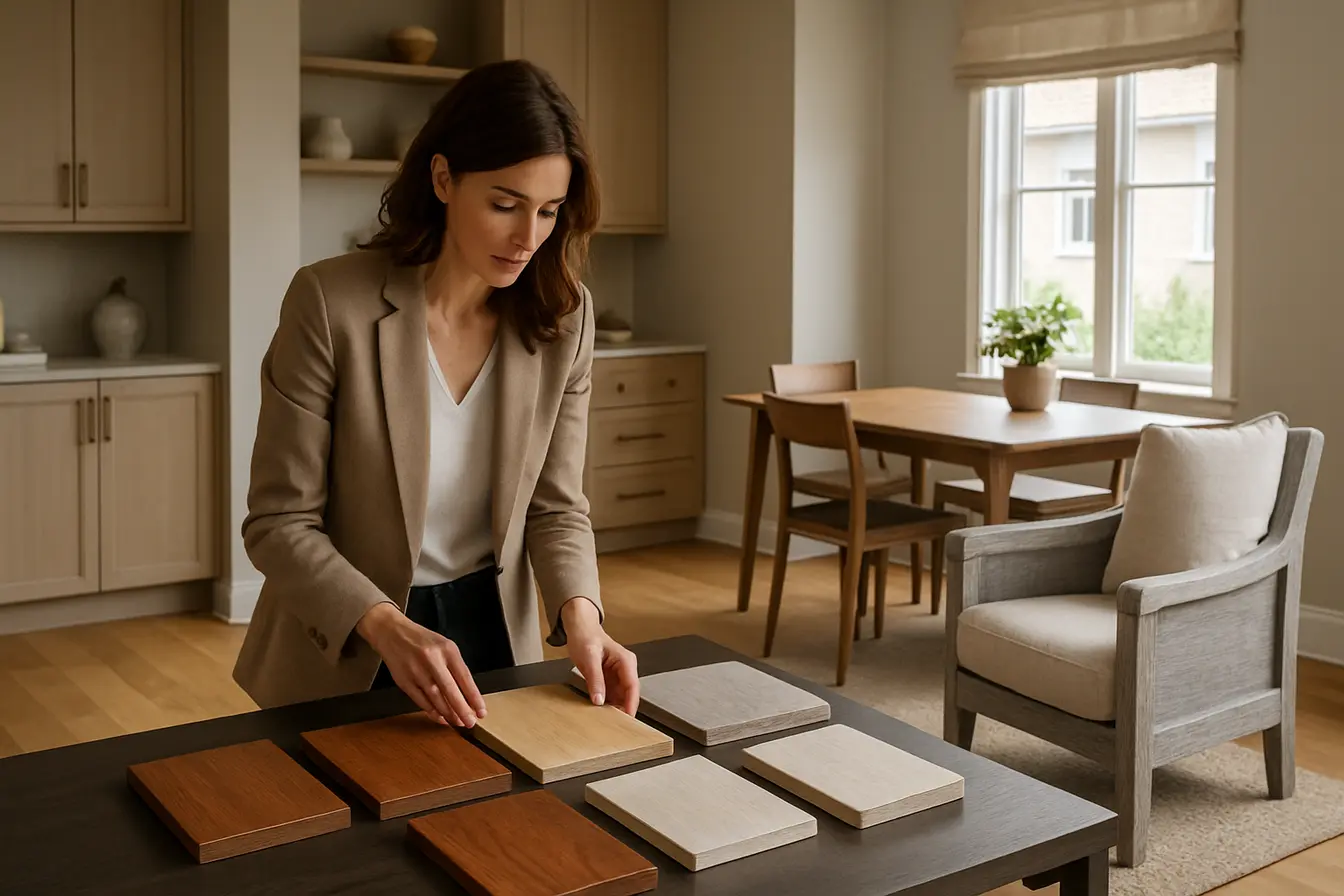 sala madeira tons quentes frios designer Designer de interiores mulher analisando amostras de madeira quente e fria em sala moderna com móveis e piso de diferentes tons