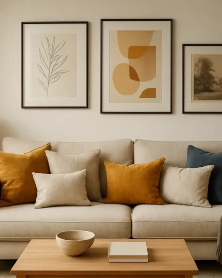 sala moderna almofadas quadros iluminacao Sala moderna com almofadas decorativas coloridas sobre sofá, parede com quadros em molduras finas e iluminação natural suave