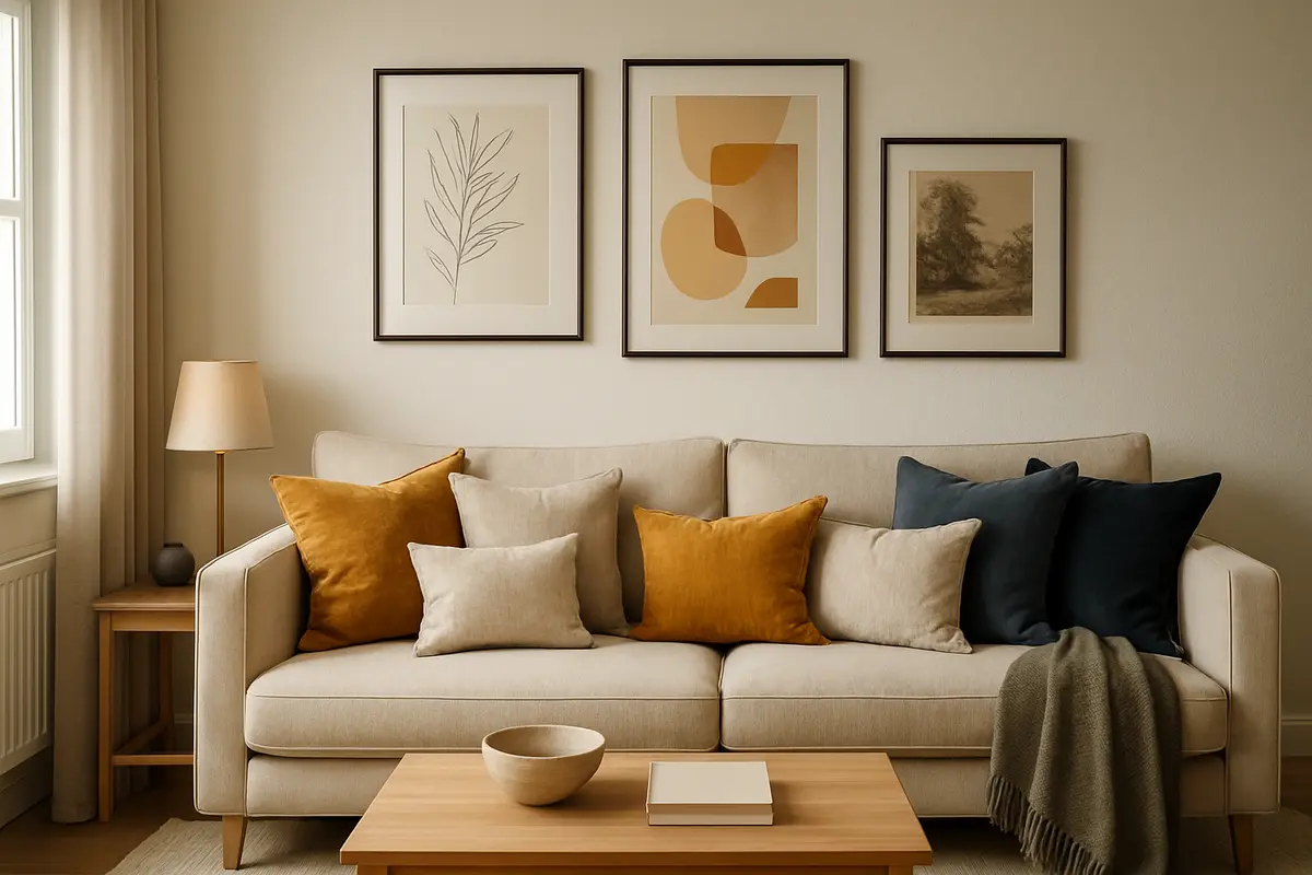 sala moderna almofadas quadros iluminacao Sala moderna com almofadas decorativas coloridas sobre sofá, parede com quadros em molduras finas e iluminação natural suave