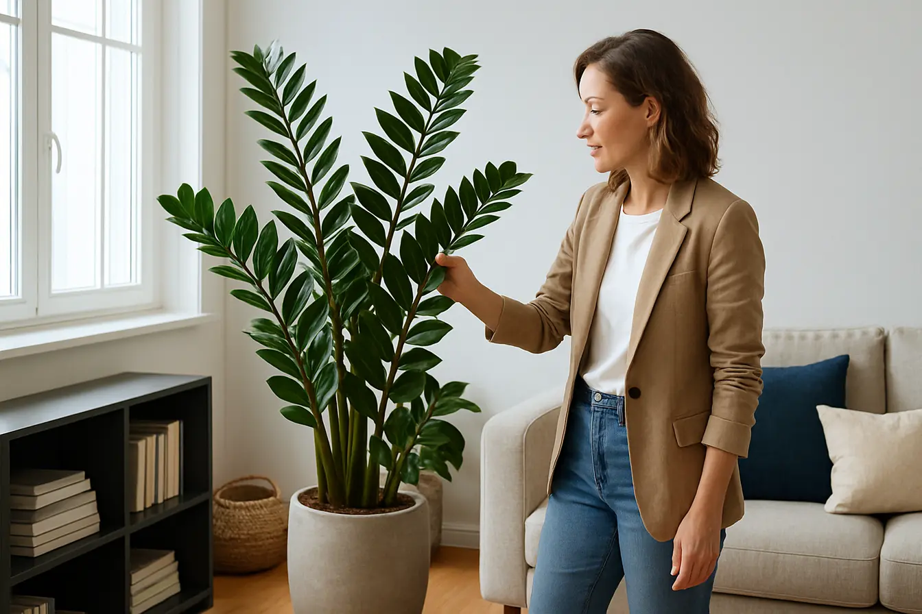 sala moderna decoracao zamioculca planta Sala moderna clara com planta natural zamioculca ao lado da estante e decoradora tocando suas folhas verdes brilhantes