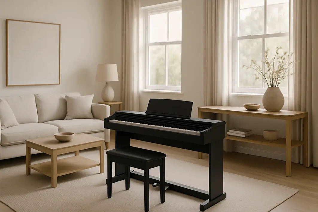 sala piano digital decoracao conforto Sala ampla organizada com piano digital, móveis funcionais e iluminação natural