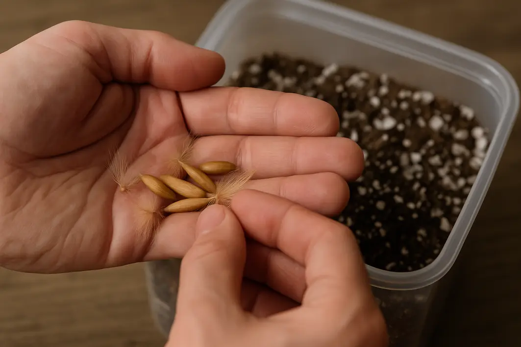 sementes rosa do deserto substrato preparado Mãos masculinas segurando sementes maduras de rosa do deserto com recipiente ao fundo contendo substrato para plantio