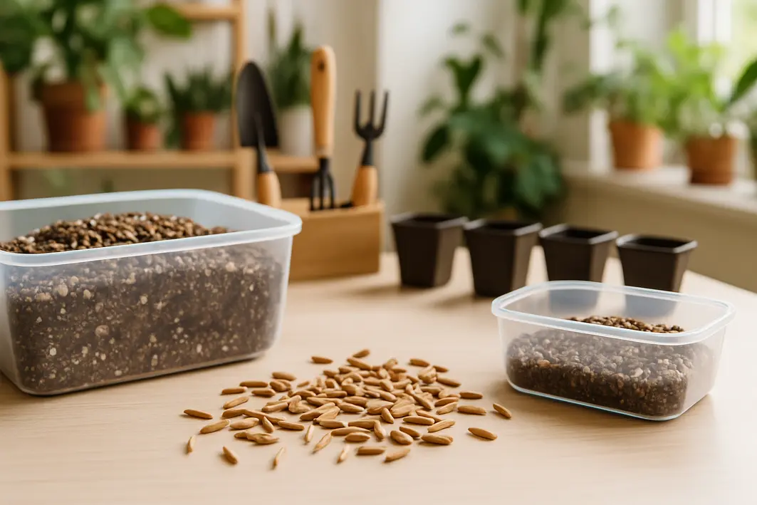 sementes rosa do deserto substrato Bancada de jardinagem com sementes marrons de rosa do deserto sobre substrato arejado e vasos pequenos alinhados