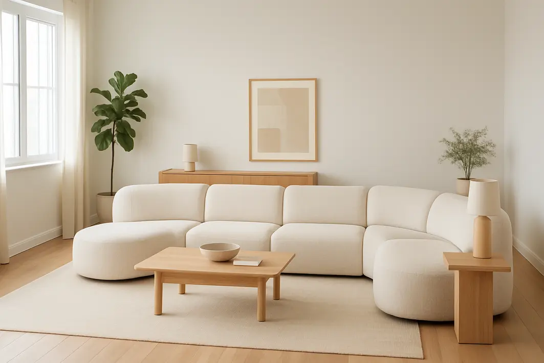 sofa moderno 2026 sala ampla iluminada Sala de estar ampla com sofá modular moderno de linhas curvas em tecido neutro, decoração minimalista e plantas naturais
