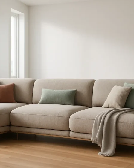 sofa moderno 2026 sala modular Sala de estar moderna com sofá modular curvo em tecido neutro e base de madeira e metal