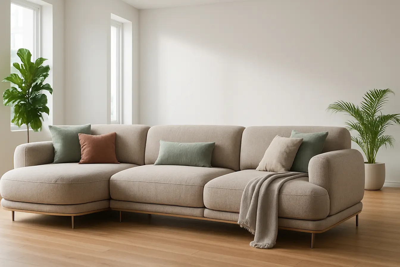 sofa moderno 2026 sala modular Sala de estar moderna com sofá modular curvo em tecido neutro e base de madeira e metal