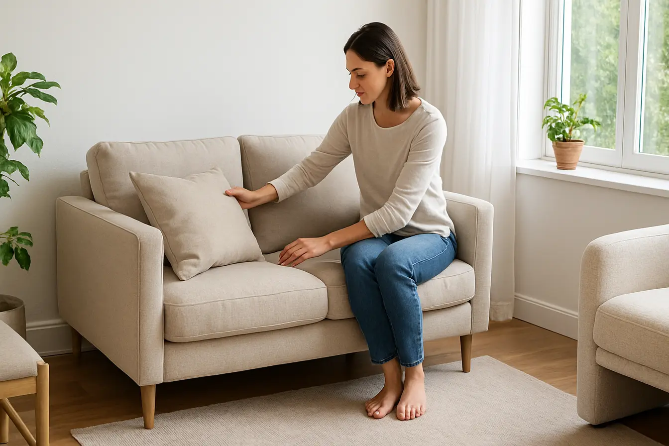 sofa moderno sala pequena bege Sofá moderno compacto de dois lugares bege em sala pequena clara com mulher ajustando almofada