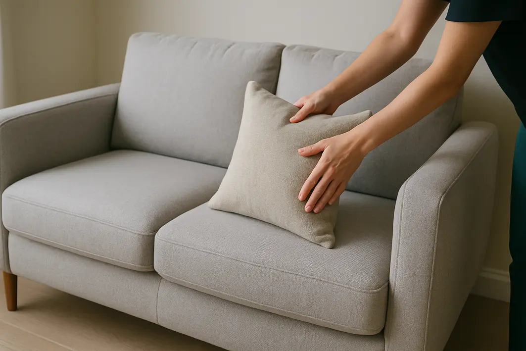 sofa moderno sala pequena cinza 1 Sofá moderno cinza claro em sala pequena com mãos ajustando almofada de linho sintético