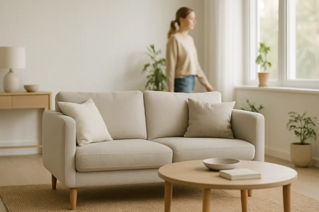 sofa moderno sala pequena cinza Sofá moderno cinza claro em sala de estar compacta com decoração minimalista e iluminação natural