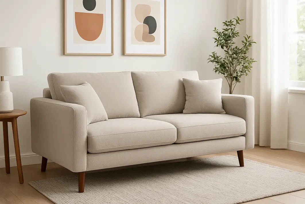 sofa moderno sala pequena linho sintetico Sofá moderno compacto bege claro de linho sintético com almofada neutra ajustada por mãos em sala pequena iluminada