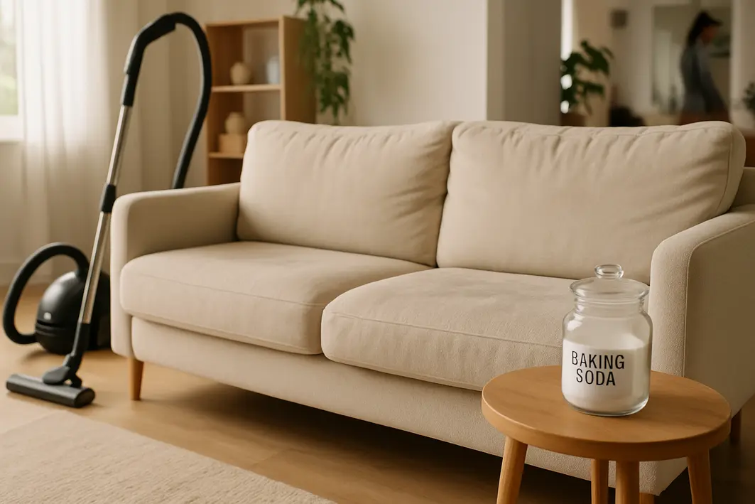 sofa pedindo limpeza sala estofado Sala de estar iluminada com sofá claro mostrando sinais sutis de uso e elementos de limpeza como aspirador e bicarbonato na mesinha