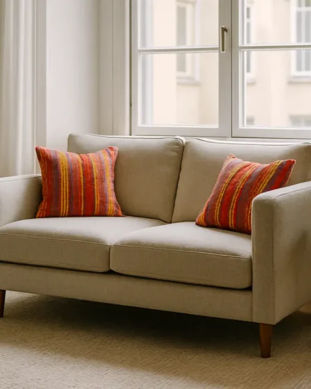sofa pequeno moderno apartamento 1 Sofa pequeno moderno de dois lugares em sala clara com janelas grandes e plantas naturais