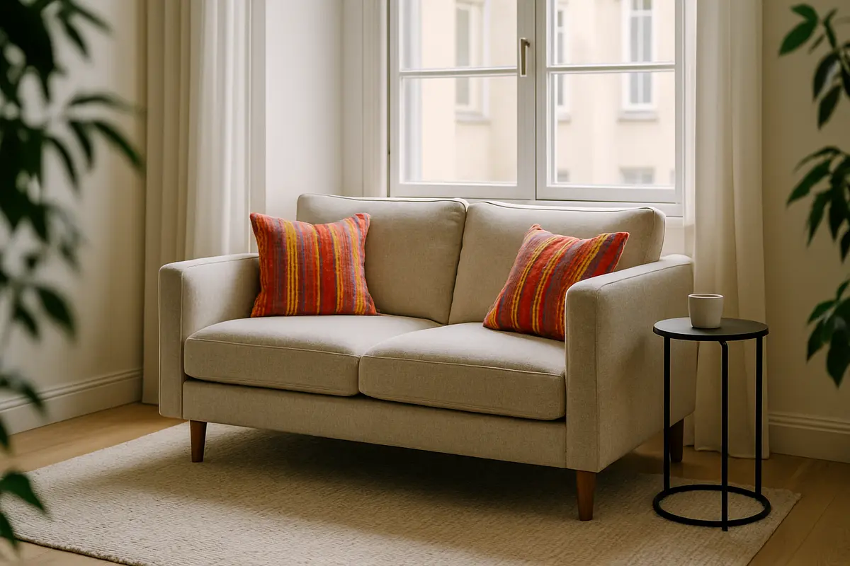 sofa pequeno moderno apartamento 1 Sofa pequeno moderno de dois lugares em sala clara com janelas grandes e plantas naturais