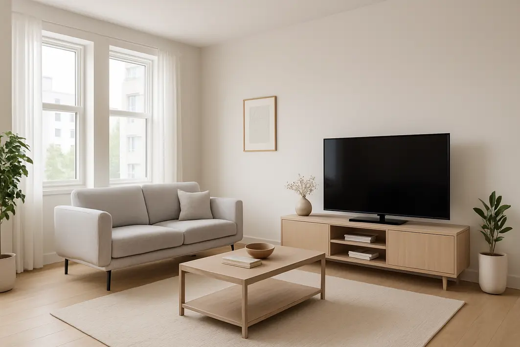 sofa pequeno moderno apartamento Sala de estar ampla em apartamento moderno com sofá pequeno de dois lugares, mesa de centro, televisão e decoração minimalista