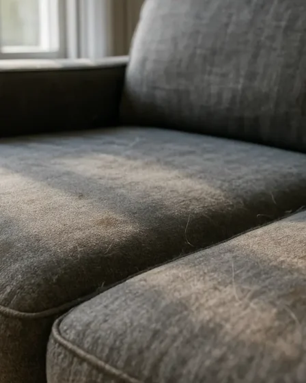tecido sofa encardido pelo po e manchas Close de tecido de sofá levemente desgastado com manchas visíveis, poeira e pelos de animal sob luz natural