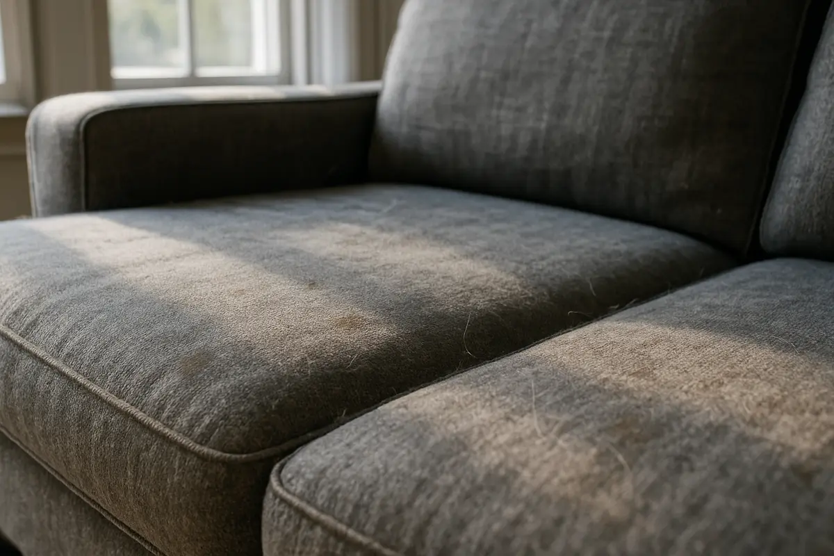 tecido sofa encardido pelo po e manchas Close de tecido de sofá levemente desgastado com manchas visíveis, poeira e pelos de animal sob luz natural