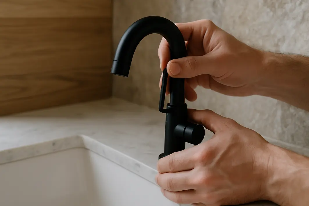 torneira preta pia banheiro moderno Mãos ajustando torneira preta fosca sobre bancada clara de marmore em banheiro moderno