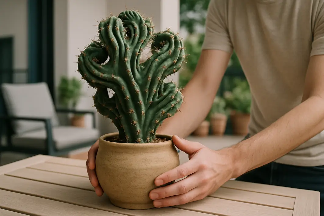 vaso artesanal cacto monstro varanda Mãos ajustando vaso artesanal com cacto monstro de formas tortuosas em varanda com móveis modernos ao fundo