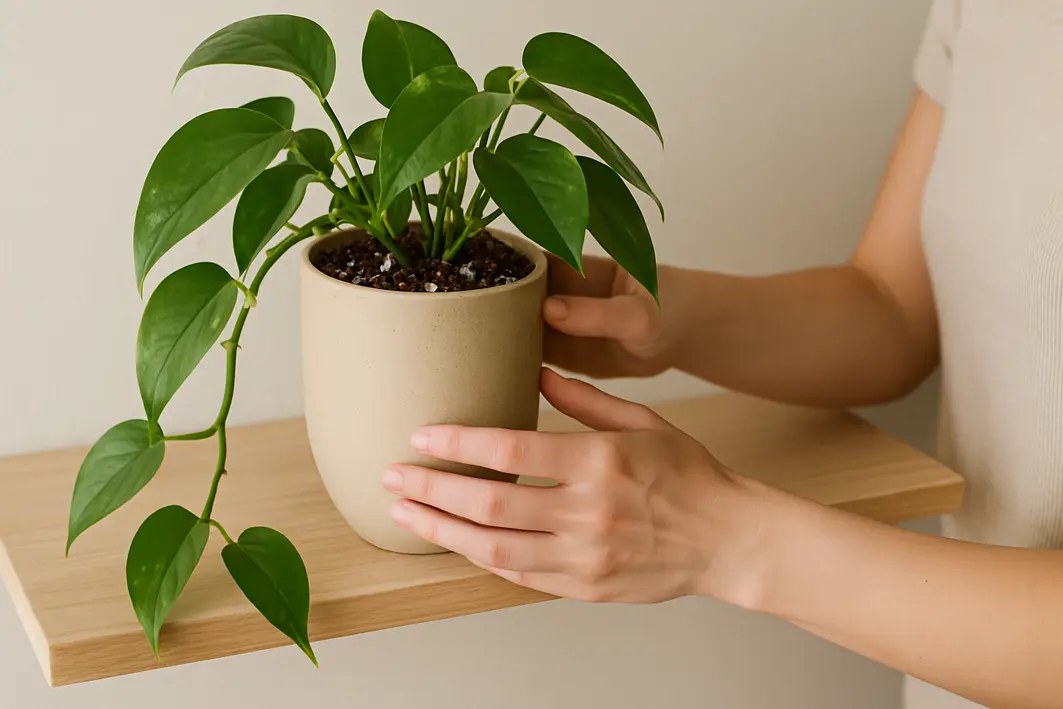 vaso ceramica jiboia prateleira madeira Mãos femininas ajustando vaso de cerâmica clara com planta jiboia pendente sobre prateleira de madeira clara