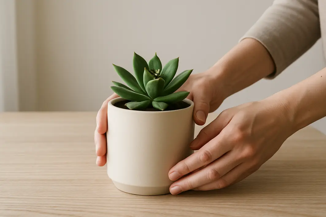 vaso ceramica planta suculenta minimalista Mãos ajustando vaso de cerâmica minimalista com planta suculenta sobre mesa de madeira clara
