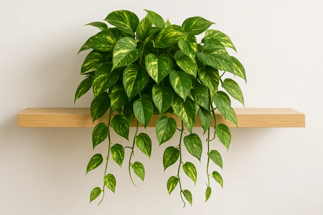 vaso jiboia ceramica prateleira madeira Mãos femininas ajustando vaso de cerâmica rústica com planta jiboia pendente em prateleira de madeira clara