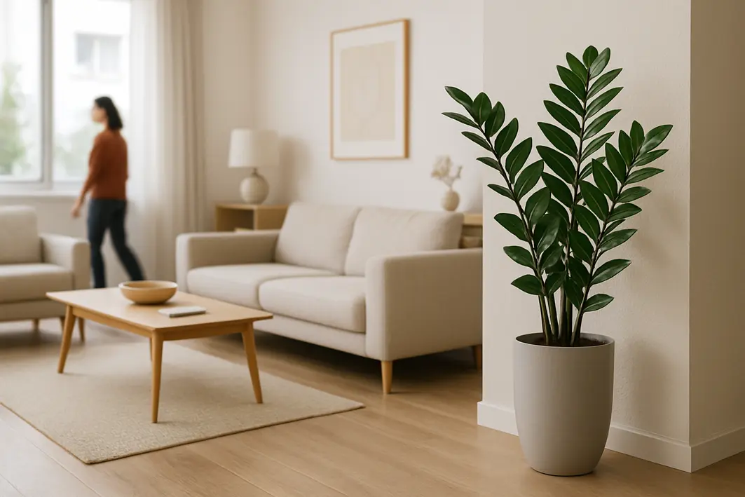 zamioculca decoracao sala moderna Sala de estar moderna com zamioculca em vaso elegante no canto iluminado naturalmente