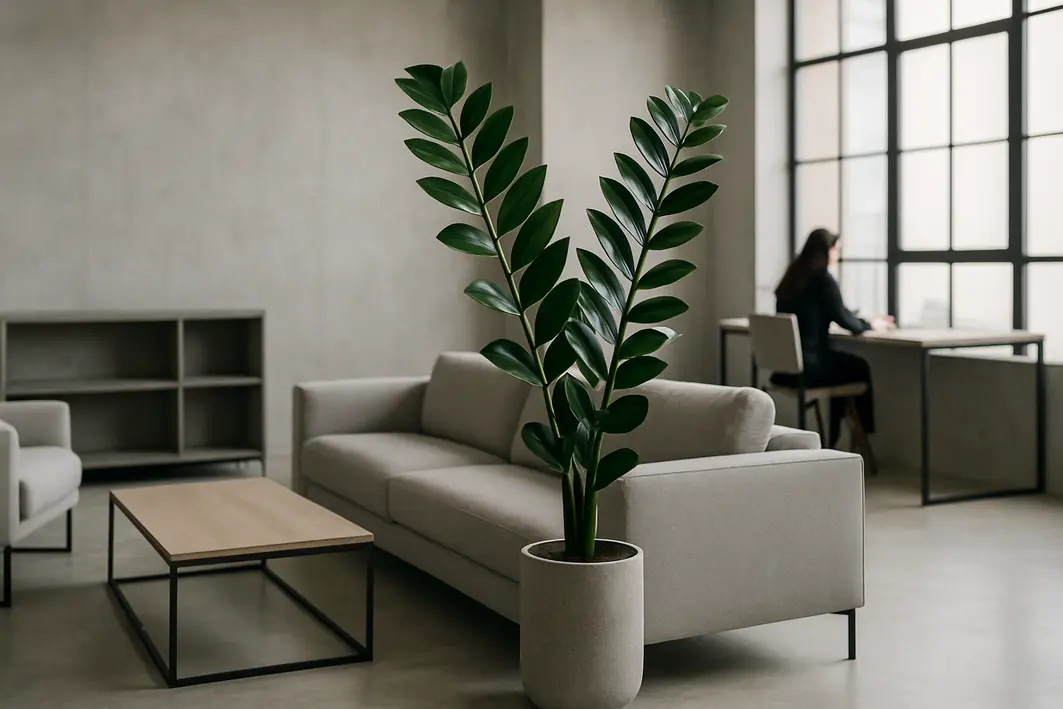 zamioculca natural decoracao moderna 1 Ambiente moderno com zamioculca natural em vaso elegante ao lado de sofá minimalista