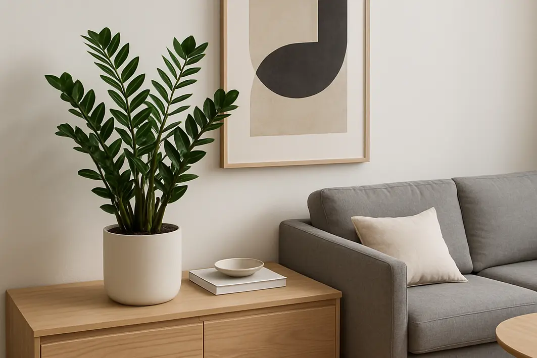 zamioculca natural decoracao moderna 2 Mãos ajustando uma zamioculca natural com folhas verdes lustrosas em vaso branco minimalista