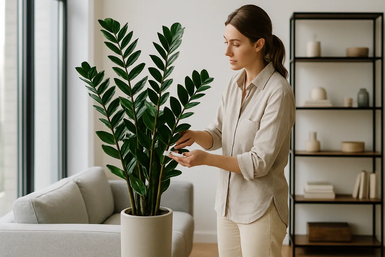 zamioculca natural sala moderna 1 Mulher decoradora limpando hojas da zamioculca natural em sala moderna com móveis de linhas retas e vaso cerâmico alto