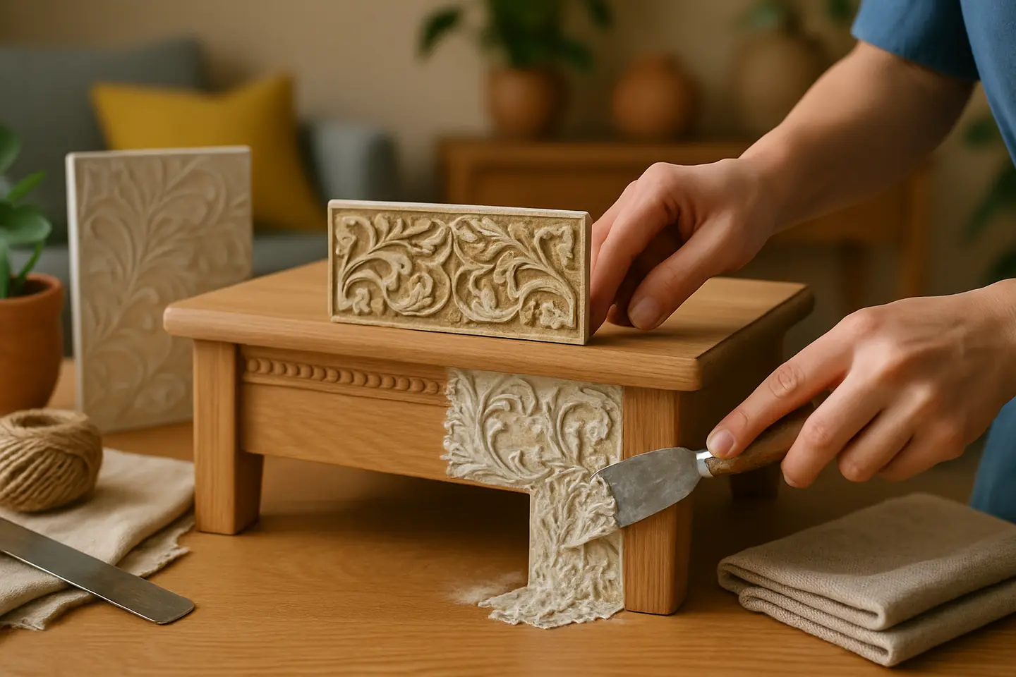 acabamentos artesanais decoracao madeira Mãos aplicando acabamento artesanal em móvel de madeira natural em ambiente doméstico elegante