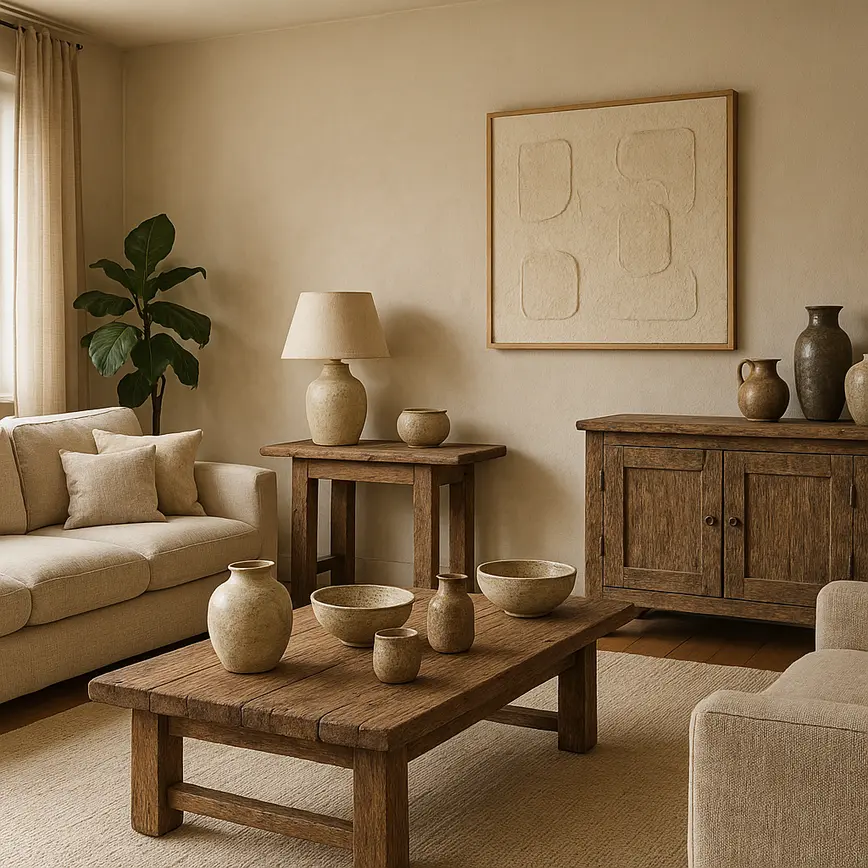 Sala de estar ampla com cerâmicas artesanais, móveis de madeira envelhecidos e objetos com esmalte manual