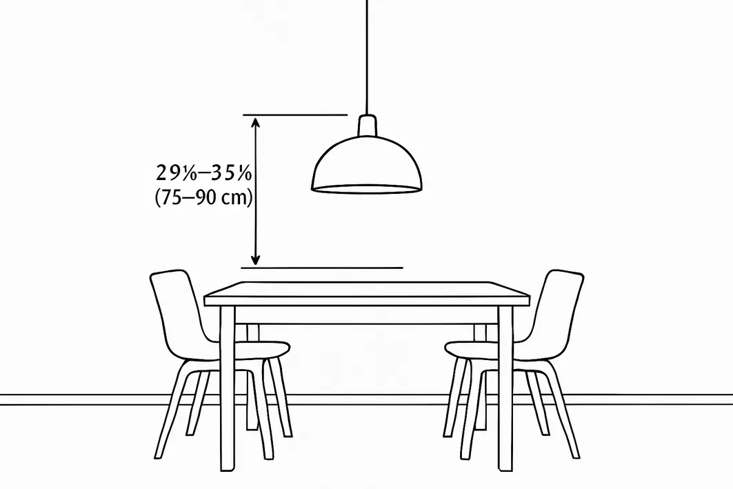 Mulher ajustando a altura de pendente moderno sobre mesa de jantar em madeira