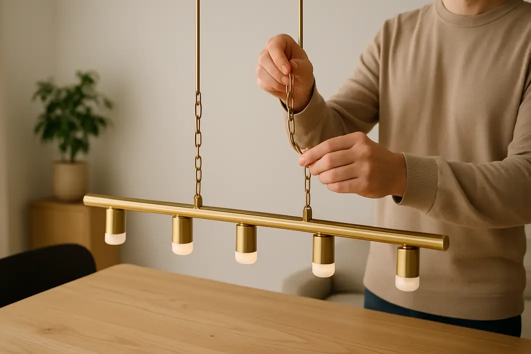 Pessoa ajustando corrente de lustre moderno sobre mesa de jantar de madeira clara