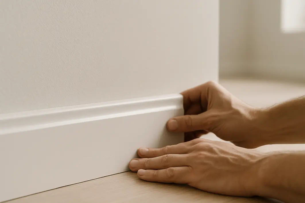 Mãos ajustando rodapé branco liso em parede neutra com acabamento perfeito