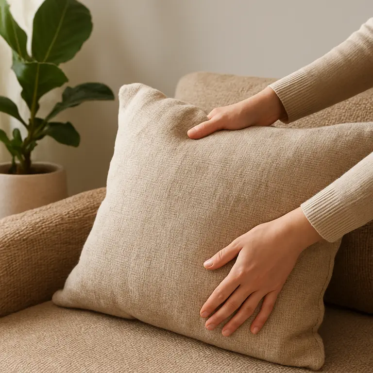 Mãos femininas ajustando almofada de tecido natural sobre sofá de fibras rústicas com plantas verdes ao fundo