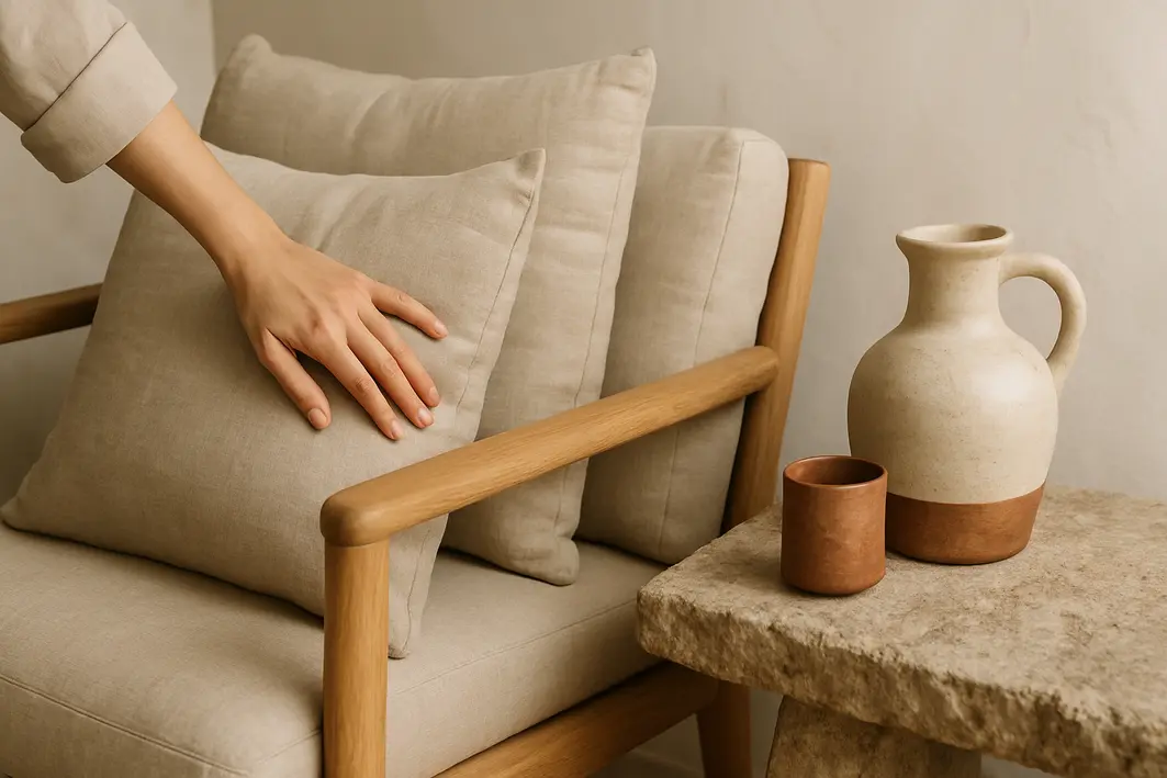 Mão ajustando almofadas de linho natural em poltrona de madeira clara ao lado de mesa lateral de pedra rústica com vasos de cerâmica e detalhes em cobre fosco