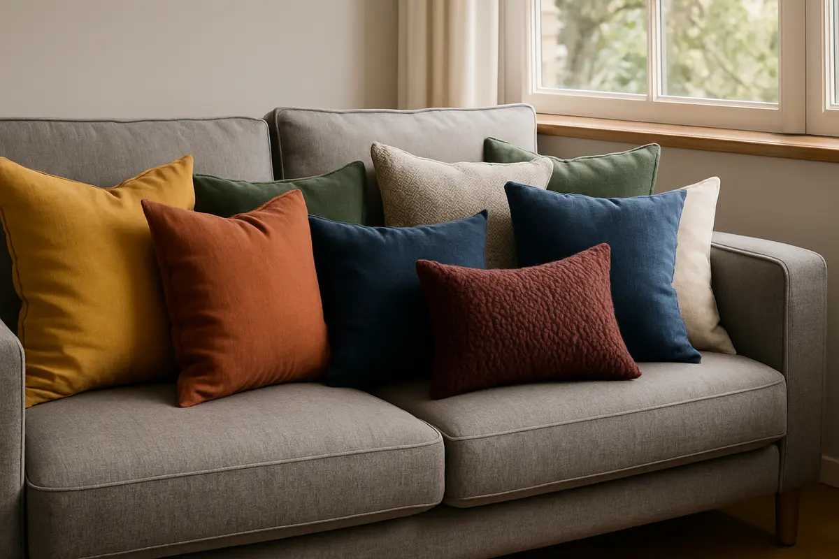 almofadas para sofa cinza coloridas Sofá cinza sofisticado com almofadas coloridas em mostarda, terracota, verde oliva, azul marinho, borgonha e tons neutros com texturas diversas