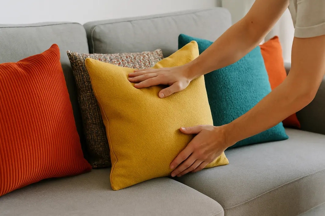 Mãos ajustando almofadas coloridas variadas sobre sofá cinza moderno em tecido liso