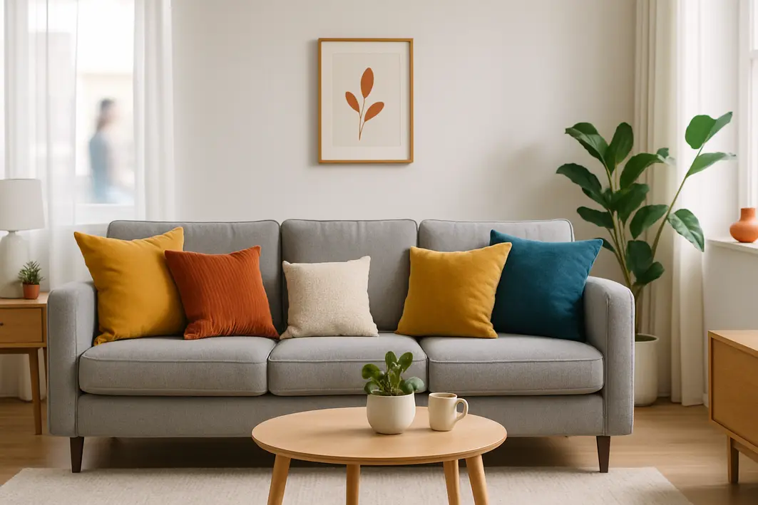 Sala de estar com sofá cinza moderno e almofadas coloridas de diferentes texturas e tamanhos