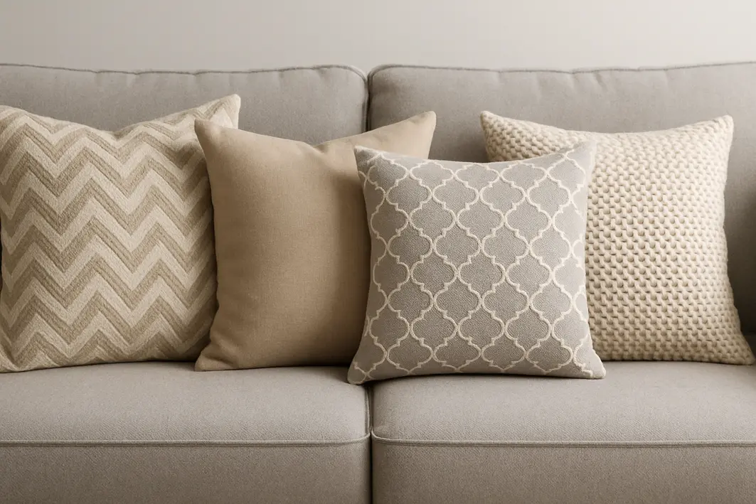 Sofá cinza claro com almofadas coloridas em tecidos de linho, veludo e tricô sendo arrumada uma almofada mostarda por um par de mãos