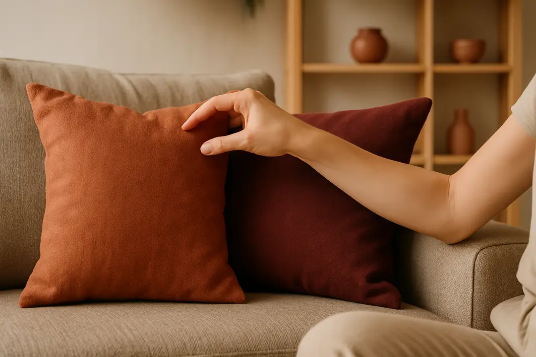 Mão feminina ajustando almofadas vermelhas terracota e bordo sobre sofá texturizado com estante ao fundo