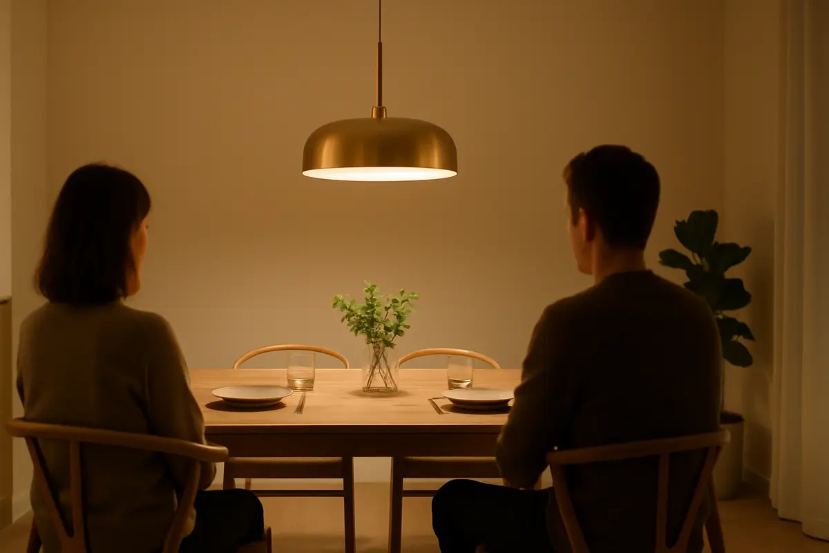 altura pendente mesa jantar Sala de jantar escandinava com mesa retangular de madeira clara e pendente de latão escovado suspendido na altura ideal sobre a mesa